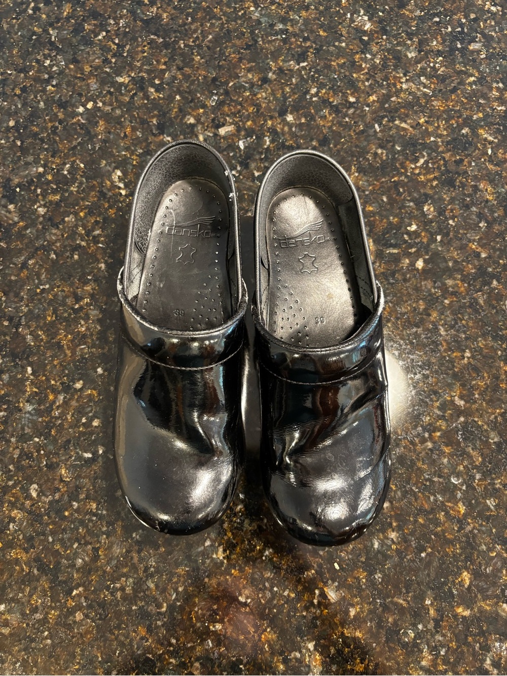 Dansko Black Patent Clogs, Size 39 (8.5)